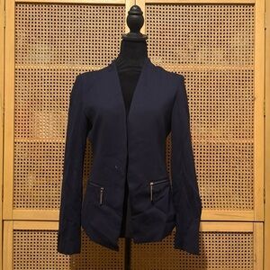 Carmen Marc Valvo Blazer Jacket Womens 4 Navy Gold Zipper Open Front Office